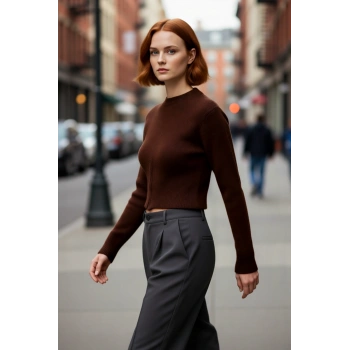 Kadınlara Özel Regular Kalıp Crop Boy Triko Bisiklet Yaka Fermuar Detaylı Düz Kalın Kazak Kaliteli