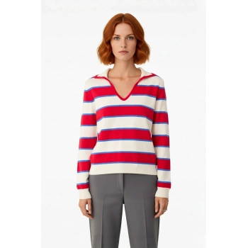 Kadınlara Özel Regular Kalıp Polo Yaka Çizgili İnce Triko Kazak Günlük Şık Kombinler İçin İdeal