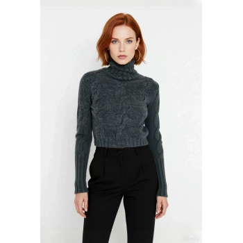 Kadınlara Özel Regular Kalıp Super Crop Dik Yaka Uzun Kollu Saç Örgü Triko Kazak Kombini Kaliteli