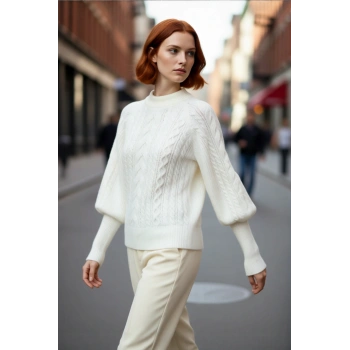 Kadınlara Özel Regular Kesim Saç Örgü Detaylı Triko Kazak Dik Yaka Balon Kol Kışlık Giyim Kaliteli