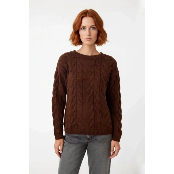 Kadınlara Özel Saç Örgü Desenli %100 Akrilik Triko Kazak Kayık Yaka Uzun Kol Regular Kalıp Günlük