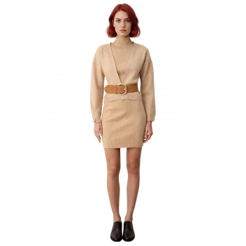 Kadınlara Özel Shift Kalıp Dik Yaka Triko Midi Elbise ve Hırka İkili Takım Konforlu Şıklık