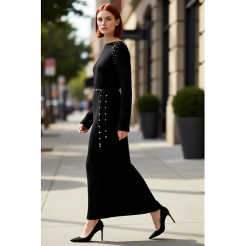 Kadınlara Özel Şık İnci Detaylı Kuşaklı Maxi Boy Triko Elbise Kışlık Ribana Dokulu Akrilik