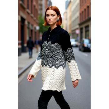 Kadınlara Özel Şık Renk Bloklu Jakar Dokuma Polo Yaka Triko Kazak Kış Kombinlerinin Gözdesi