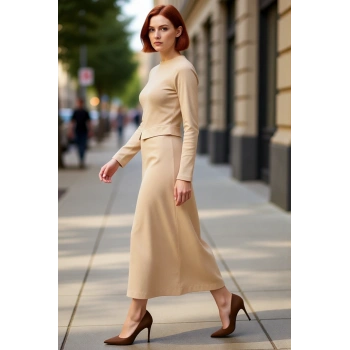 Kadınlara Özel Şık Ribana Örme Tesettür Elbise Bisiklet Yaka Uzun Kollu Maxi Boy Düz Tasarım