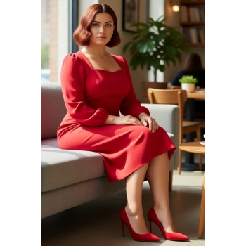 Kadınlara Özel Şık Shift Kalıp Kare Yaka Düz Uzun Balon Kol Midi Boy Yırtmaçlı Elbise Kaliteli