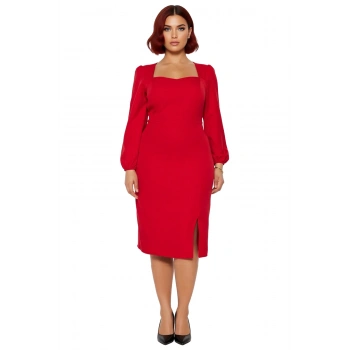 Kadınlara Özel Şık Shift Kalıp Kare Yaka Düz Uzun Balon Kol Midi Boy Yırtmaçlı Elbise Kaliteli