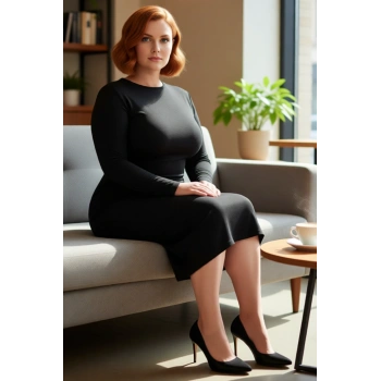 Kadınlara Özel Siyah Düz Desen Örme Krep Dokuma Bisiklet Yaka Rahat Büyük Beden Elbise Kaliteli