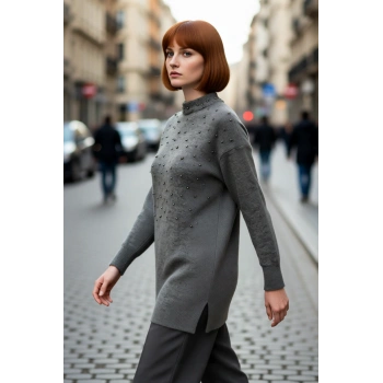 Kadınlara Özel Tesettür Giyime Uygun Metal İnci Detaylı Bisiklet Yaka Triko Kazak Soğuk Havalarda