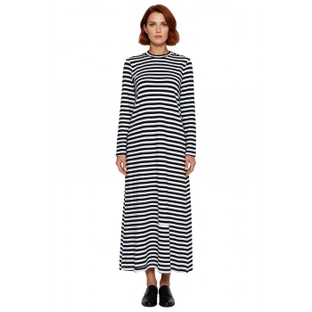 Kadınlara Özel Uzun Kollu Maxi Boy Çizgili Örme Shift Kalıp Düğmeli Dik Yaka Elbise Rahatlık