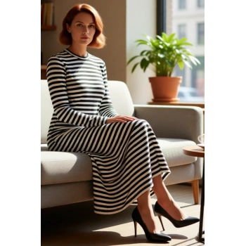 Kadınlara Özel Uzun Kollu Maxi Boy Çizgili Örme Shift Kalıp Düğmeli Dik Yaka Elbise Rahatlık