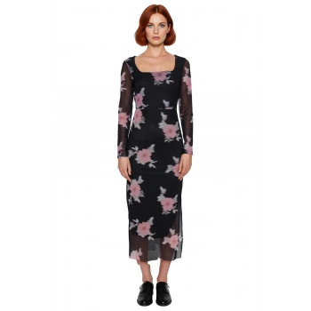 Kadınlara Özel Vücudu Saran Astarlı Tül Kumaş Çiçek Desenli Maxi Elbise Kare Yaka Uzun Kollu