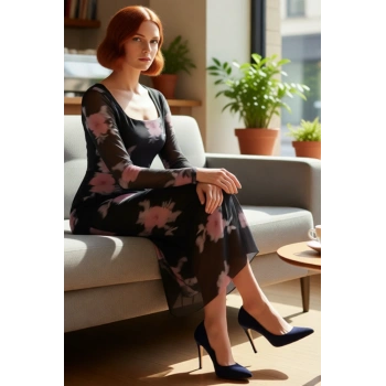 Kadınlara Özel Vücudu Saran Astarlı Tül Kumaş Çiçek Desenli Maxi Elbise Kare Yaka Uzun Kollu