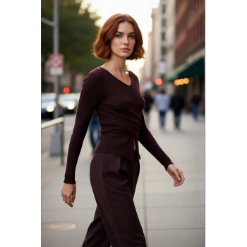 Kadınlara Özel Vücudu Saran Fitted Kesim Drape Örgü Triko Kazak İlkbahar Sonbahar Kombinleriniz