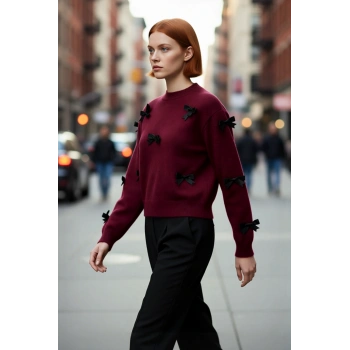 Kadınlara Yönelik Konforlu Regular Kalıp Bisiklet Yaka Triko Kurdele Fiyonklu Uzun Kollu Kazak