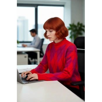 Kadınların Gardırobuna Özel Baklava Desenli Dik Yaka Oversize Triko Kazak Kış Günleri İçin İdeal