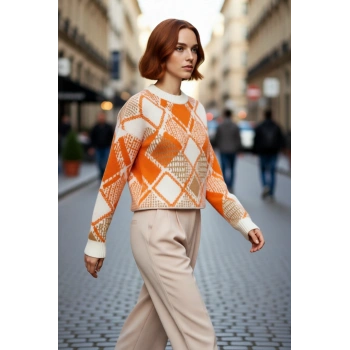 Kadınların Gardırobuna Şıklık Katacak Rahat Oversize Baklava Desenli Triko Kazak Kaliteli Şık