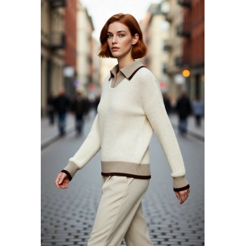 Kadınların Gardıroplarını Tamamlayan Dik Yaka Fermuarlı Renk Bloklu Triko Kazak Günlük Şıklık