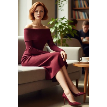 Kadınların Şık Gündüz Gece Kombinleri İçin İdeal Carmen Yaka Midi Boy Triko Elbise Kaliteli