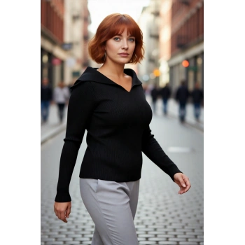 Kadınların Vazgeçilmezi Siyah İnce Fitilli Bodycone Kayık Yaka Triko Bluz Kışa Özel Kaliteli