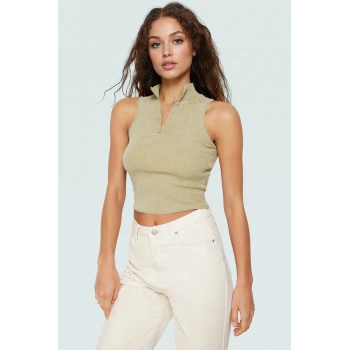 Kaşkorse Örme Bluz Crop Fitted Halter Yaka Fermuarlı Detay Trend Tasarım Premium Kalite