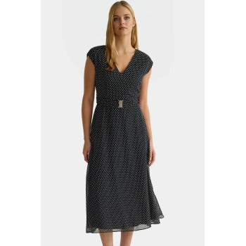 Kemerli A line Midi Elbise Şifon Dokuma Puantiyeli Desen Polyester Kumaş Özenle Seçilmiş