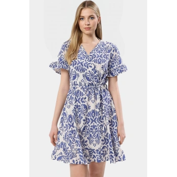 Keten Görünümlü 85% Viskoz Mini Elbise V Yaka Şal Desenli Skater Kalıp Mükemmel Uyum Rahat Ve Şık