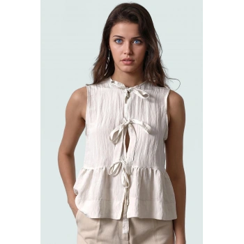 Keten Görünümlü Büzgülü Crop Bluz Rahat Yazlık Stil Dayanıklı Malzeme Kullanım