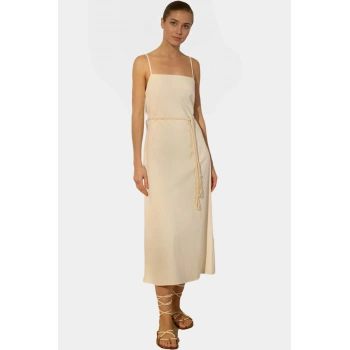 Keten Karışımlı A Kesim Midi Elbise Kolsuz Kuşaklı Yazlık Mükemmel Uyum Kaliteli İşçilik