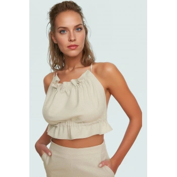 Keten Karışımlı Crop Bluz Bisiklet Yaka Yazlık Plaj Seçkin Malzeme Günlük Kullanım İçin