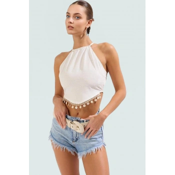 Keten Karışımlı Kolsuz Plaj Bluz Hakim Yaka Aksesuarlı Yazlık Modern Stil Uzun Ömürlü