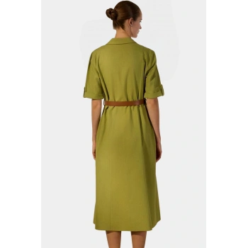 Keten Karışımlı Midi Gömlek Elbise Cepli Kemerli Rahat Kalıp Konforlu Kesim