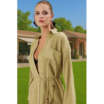 Keten Karışımlı Pamuk Kadın Mini Elbise Püskül Detaylı Yazlık Rahat Kullanım Konforlu Kesim