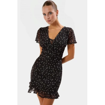 Kısa Kol Bodycon Puantiyeli Mini Tül Elbise Yaz için Yüksek Kalite Premium