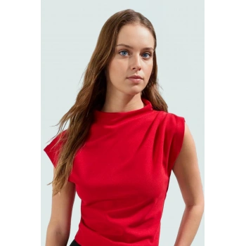 Kısa Kol Scuba Krep Örme Bluz Dik Yaka Aksesuar Detaylı Fitted Mükemmel Uyum Premium Kalite