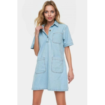 Kısa Kollu Denim Gömlek Elbise Mini Boy Casual Günlük Pamuk Yüksek Kalite Profesyonel Görünüm