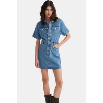 Kısa Kollu Denim Gömlek Elbise %Pamuk Midi Boy Casual Trend Tasarım Özel