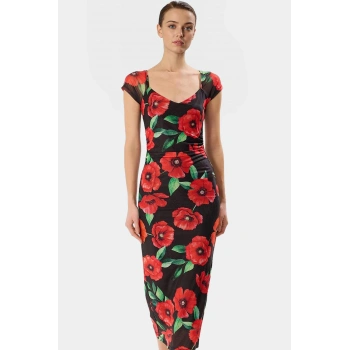 Kısa Kollu Midi Boy Bodycon Puantiyeli Polyester Elbise Yüksek Kalite Rahat Kullanım Ve Şık