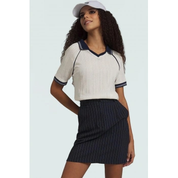 Kısa Kollu Örme Bluz Polo Yaka Renk Bloklu Desen 74% Polyester 26% Pamuk Premium Kalite