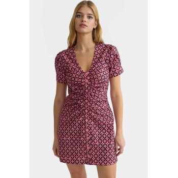 Kısa Kollu Retro Desenli Gömlek Elbise Polyester Dokuma Kumaş Rahat Ve Şık Mükemmel Uyum