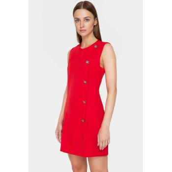 Kısa Mini Elbise Bisiklet Yaka A line Kesim Dokuma Polyester Kumaş Zarifane Tasarım Rahat Ve Şık