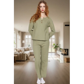 Kışlık 2li Waffle Pijama Takımı V Yaka Pamuklu Regular Kalıp Özenle Seçilmiş Rahat Ve Şık