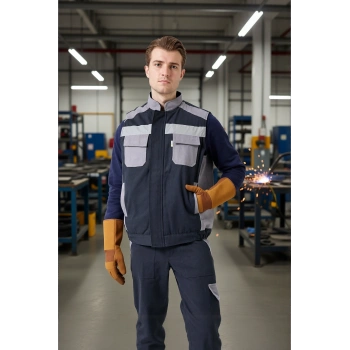 Kışlık Gabardin İş Yeleği GriLacivert Su Geçirmez Urtica Outdoor Yelek Sıcak Tutucu Suya