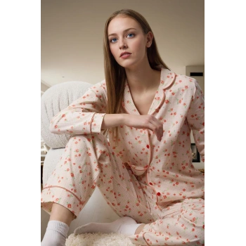 Kışlık Homewear %100 Pamuk Örme Pijama Takımı Çiçekli Desen Uzun Ömürlü Seçkin Malzeme