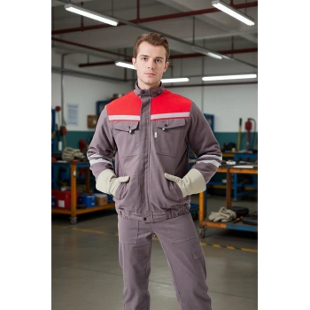 Kışlık İş Montu GriKırmızı Reflektörlü Gabardin Royal Mont İçi Kapitoneli Sıcak Tutan