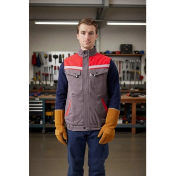 Kışlık İş Yeleği GriKırmızı Gabardin Çok Cepli Royal Sıcak Tutucu Rüzgar Geçirmez Reflektörlü