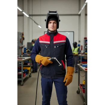 Kışlık İş Yeleği GriKırmızı Gabardin Çok Cepli Royal Sıcak Tutucu Rüzgar Geçirmez Reflektörlü