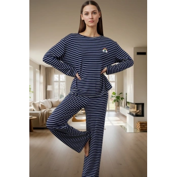 Kışlık Rahat Pijama Takımı 96% Viskon Çizgili Geniş Paça Yüksek Kalite Mükemmel Uyum