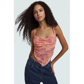 Kolsuz Asimetrik Tül Örme Bluz; Galaksi Baskı Şık ve Rahat Premium Kalite Kaliteli İşçilik