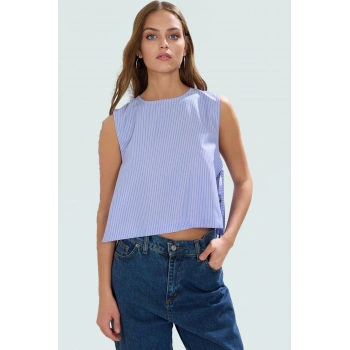 Kolsuz Çizgili Bluz Oversize Terrycotton Kumaş Bisiklet Yaka Yazlık Crop Kaliteli İşçilik